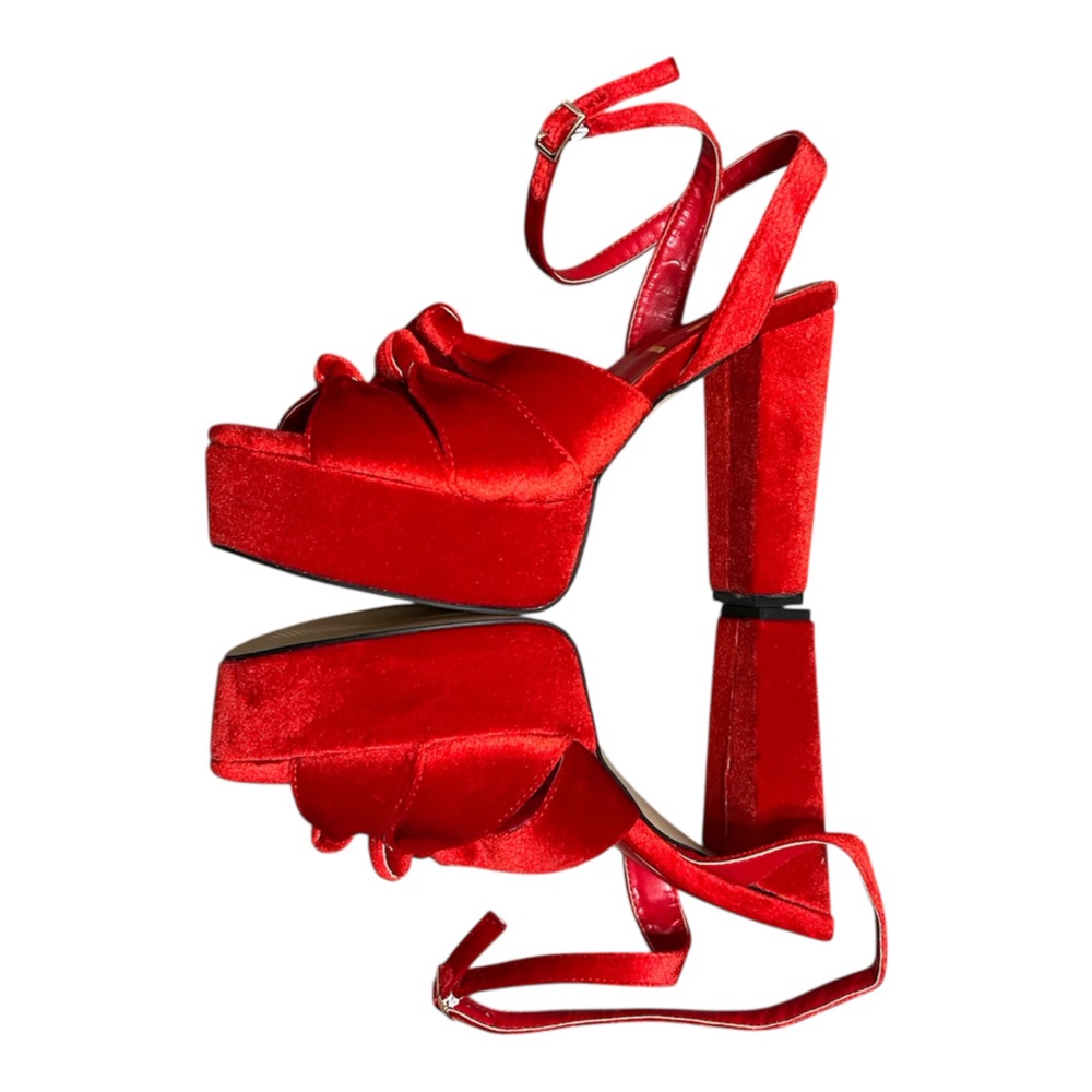 FSJ Red Velvet Platform Sandals Triple Knot Block Heel Peep Toe Size 11